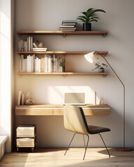 A simplistic wooden desk, paired with an ergonomically designed chair. Floating shelves. Illuminated by a modern, slender floor lamp, casting a focused beam. Scandinavian minimalism