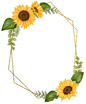 Watercolor polygonal sunflower frame, sunflower wreath, wedding invitation