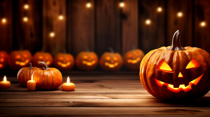 Halloween - Jack O' Lanterns - Candles And String Lights On Wooden Table. Generated by AI