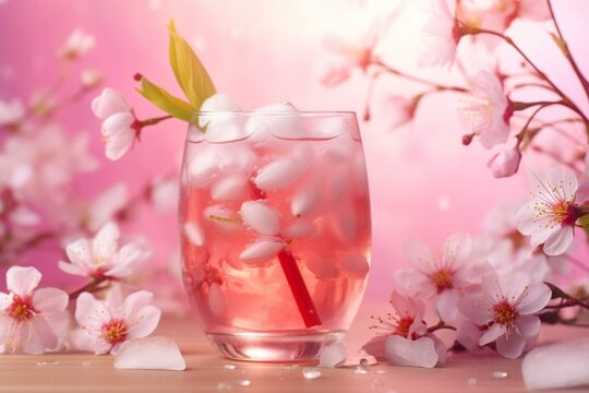 Romantic cherry blossom drink with beautiful artistic ambiance, perfect for spring-themed background or wallpaper. Generative AI