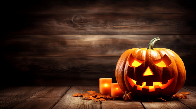 Halloween - Jack O' Lanterns - Candles And String Lights On Wooden Table. Generated by AI