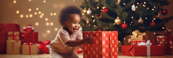 Banner Christmas Child opening present, portrait Happy African American baby Boy smiling in Santa...