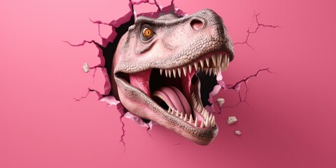 Cute T-Rex peeking out of a hole in wall, torn hole, empty copy space frame, mockup. Generative AI image weber.