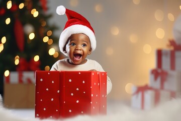 Excited, surprised, shocked, wondered Christmas Child opening present, portrait Happy African American baby Boy smiling in Santa Claus hat with giftbox at home.