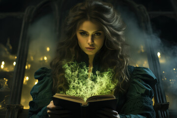 Beautiful witch casting a spell from book with fire and smoke. Woman wearing medieval dress. Magic academy. Green and color palette. Made with Generative AI - obrazy, fototapety, plakaty