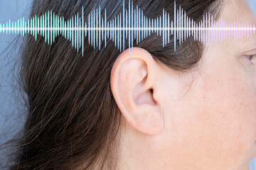 part face of female face, ear, Sound Waves and Music, Hearing Test, concept Auditory System Health,...