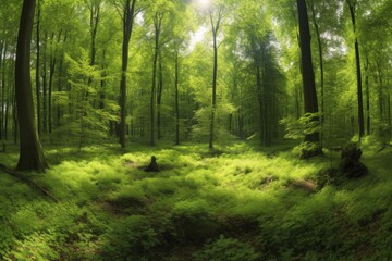 A dense and vibrant forest teeming with life and greenery