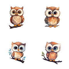 set of cute owl watercolor illustrations for printing on baby clothes, sticker, postcards, baby showers, games and books, safari jungle animals vector