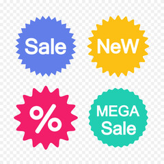 Collection of stickers, labels for promoting new products, prices, sales, advertising business concept.
