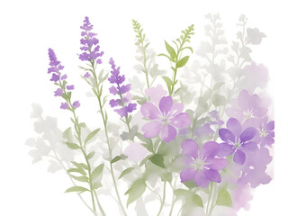 Purple flowers on white background, ai generative 