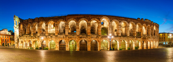 The Verona Arena, a Roman amphitheatre in Piazza Bra in Verona, Veneto, Italy during the blue hour twilight - 653611906