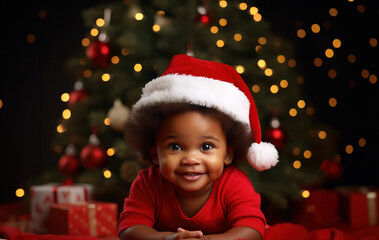 Fototapeta na wymiar portrait Happy smiling Christmas baby with present, African American Boy smiling in Santa Claus hat with giftbox at home near Christmas tree.