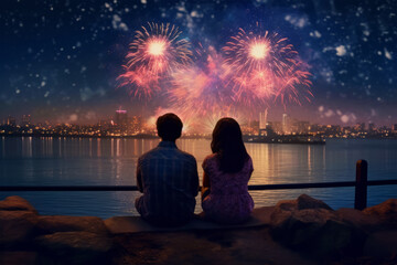 People looking fireworks in new year evening