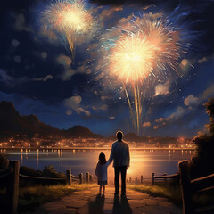 People looking fireworks in new year evening