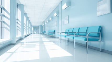 Blue waiting chair in hospital. - obrazy, fototapety, plakaty