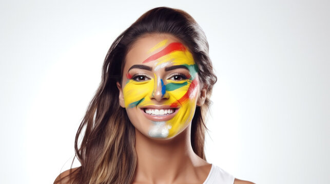 Young female with the flag of Brazil painted on her face on her way to a sporting event to show her support.