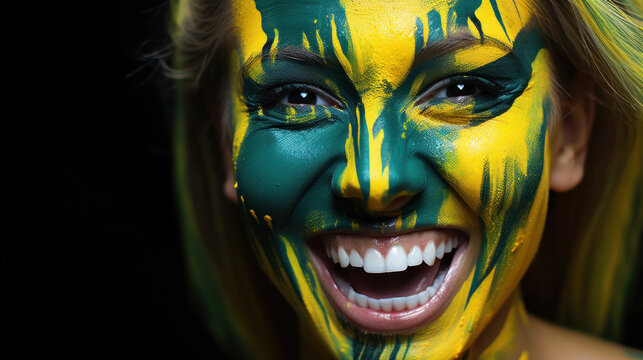 Young female with the flag of Brazil painted on her face on her way to a sporting event to show her support.
