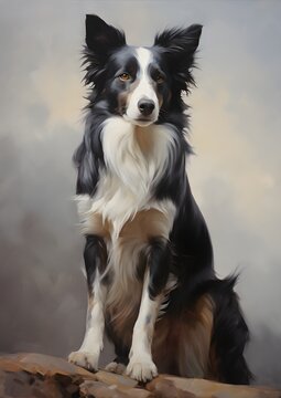 An elegant oil painting of a Border Collie dog, full body, pet portrait illustration