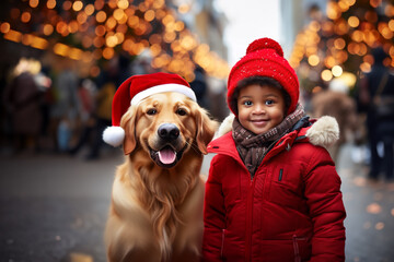 Portrait happy African American Christmas Child with labrador dog in Santa hat outside, Happy Boy...
