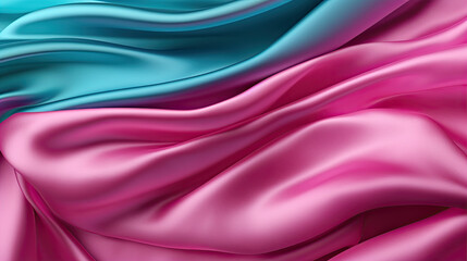 Pink tuquoise silk satin. Gradient. Wavy folds. Shiny fabric surface. Beautiful purple teal background with space for design.