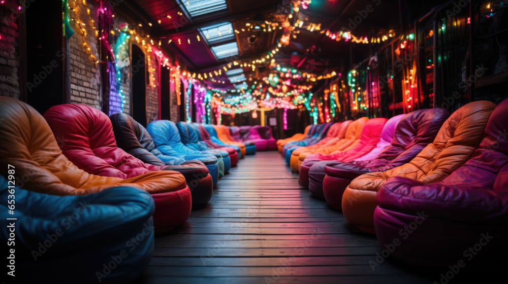 Canvas Prints A long row of colorful bean bags in a dark room, AI