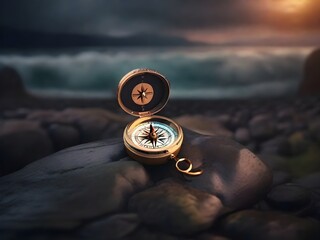 compass on rock digital art photography in sunset - obrazy, fototapety, plakaty