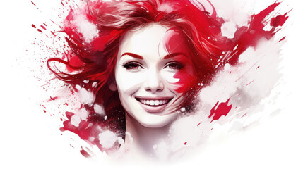 Face of young happy woman painted with flag of Poland or Austria. Football or soccer team fan, sport event, face art and patriotism concept. Studio shot at gray background, copy space