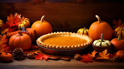 Happy Thanksgiving pumpkin pie background - ai generative