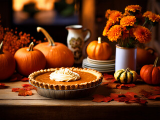 Happy Thanksgiving pumpkin pie background - ai generative - obrazy, fototapety, plakaty