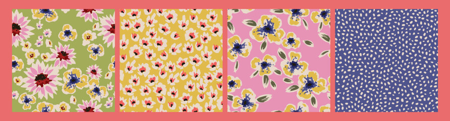 Floral abstract seamless patterns. Retro flowers. Vintage style. Vector design for paper, cover, fabric, interior decor and other