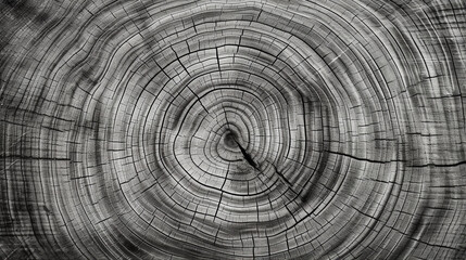 Warn grey cut wood texture. Detailed black and white texture of fallen tree trunk or stump.