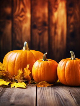 Happy Thanksgiving pumpkins arrangement on wooden texture background with copy text space - ai generative