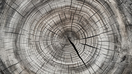 Warn grey cut wood texture. Detailed black and white texture of fallen tree trunk or stump.