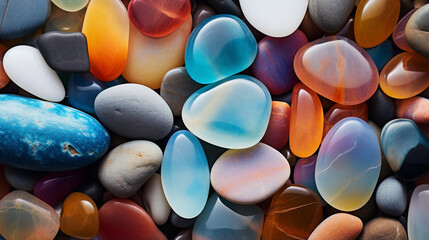 Close up view of smooth polished multicolored stones washed ashore on the beach.