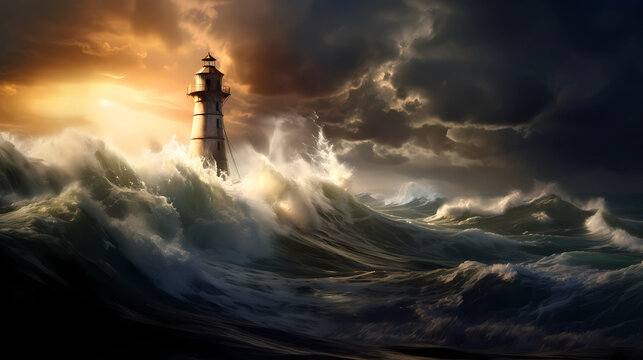 Illustration of a boat sailing towards the lighthouse during a storm