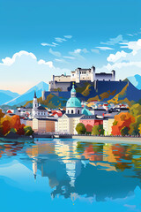 Obraz premium Illustration of beautiful view of Salzburg, Austria