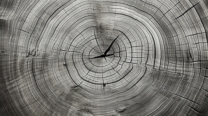 Warn grey cut wood texture. Detailed black and white texture of fallen tree trunk or stump.