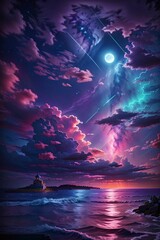 A Detailed Illustration Of Neon Light Art, In The Dark Of Night,  Moonlit Seas, Clouds, Moon, Stars, Colorful Detailed.