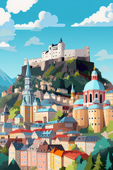 Obraz premium Illustration of beautiful view of Salzburg, Austria