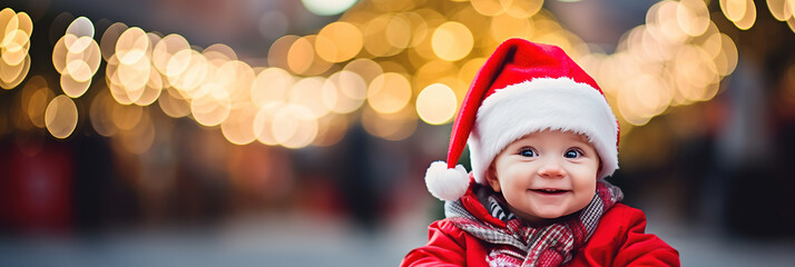 Banner Christmas Child outside on decorated festive street background, baby wondered Christmas...