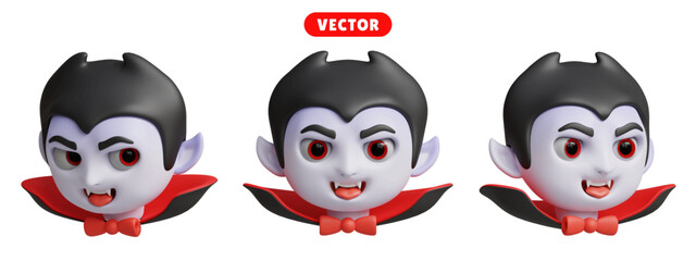 cute vampire head 3D vector icon set.