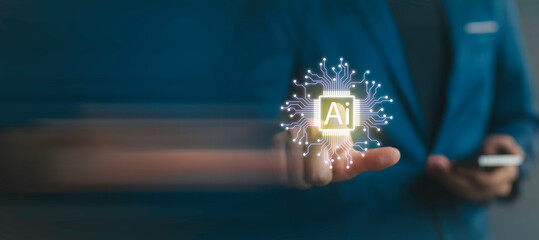 businessman Internet connect Chat with AI, Artificial Intelligence. using command prompt for...