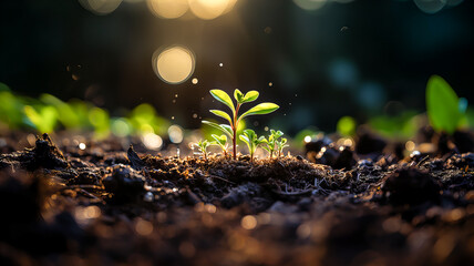 A young green sprout, illuminated by the sun's rays, grows on black soil