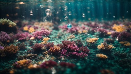 Fototapeta na wymiar Beneath the Waves: Tranquil Underwater Backdrop with Glistening Bubbles and Sunlight Shining Through.