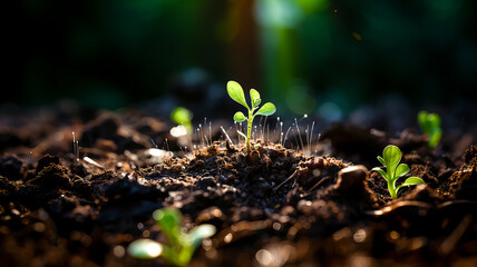A young green sprout, illuminated by the sun's rays, grows on black soil