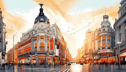 Illustration of beautiful view of the city of Madrid, Spain - obrazy, fototapety, plakaty