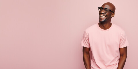Obraz premium Handsome african american man wearing pink t-shirt and glasses. Isolated on pink background.