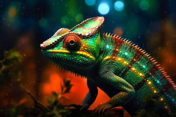 Fototapeta premium Colorful green panther chameleon lizard on a tree. Beautiful extreme close-up with cinematic bokeh, Psychedelic and vibrant animal artwork. Beautiful multicolor scales.