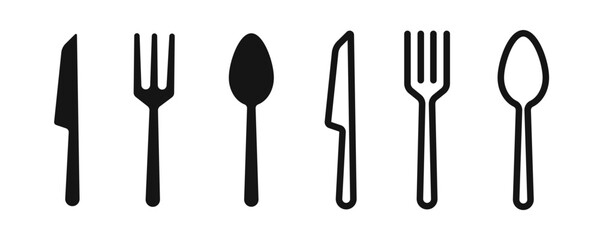 Cutlery icon set. Spoon, fork, knife icons. Flatware icons. Silhouette style vector icons.