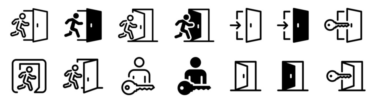 Entry and exit icons. Login and logout icon set. Enter and quit icons. Flat style vector icons